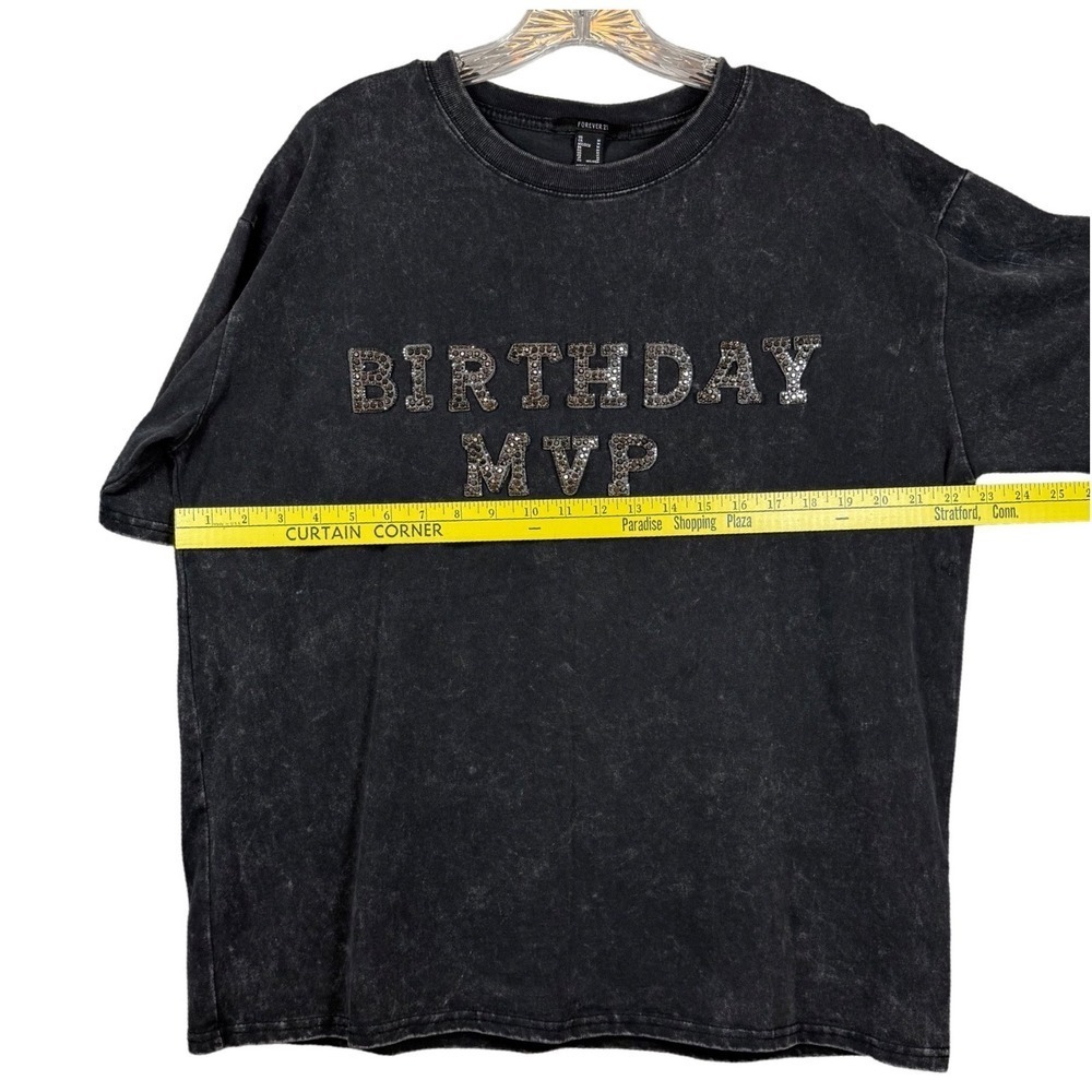 FOREVER 21 Black Acid Wash "Birthday MVP" Oversized T-Shirt, 100% Cotton, Size M - Picture 3 of 6